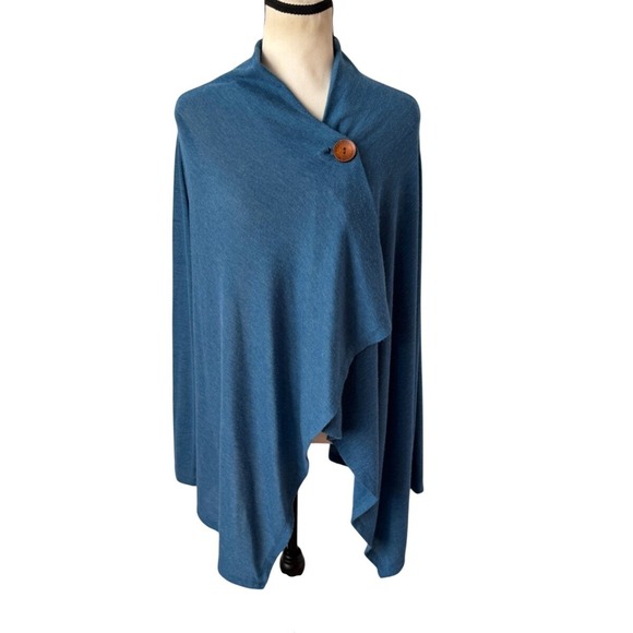 bobeau Sweaters - Bobeau Teal Blue Wrap Cardigan Shawl Poncho Sweater Asymmetric Lagenlook Lg